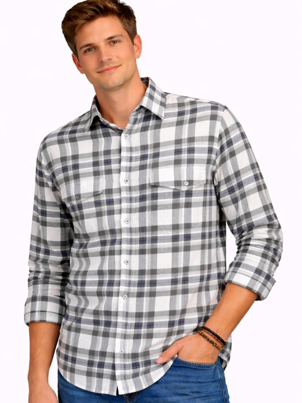 Express Men’s Grey White Plaid Button-Up Shirt - Size Small - NWT $70
